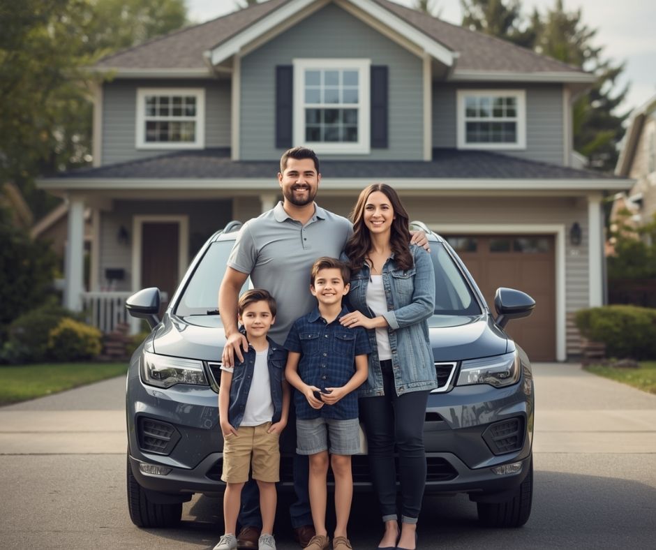 A smiling family of four stands in front of a gray SUV parked in the driveway of a suburban home - https://www.jjinsure.com/